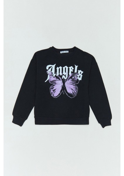 Angel ve Kelebek Baskılı Kız Çocuk Sweatshirt