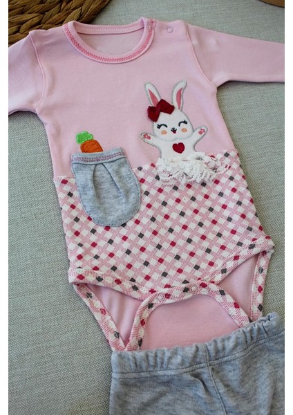 Havuç Tavşan Nakışlı Bandanalı Uzun Kollu Zıbınlı 3lü Kız Bebek Tak Pembe