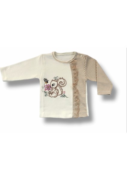 Minik Sincap Nakışlı Şapkalı Uzun Kollu Sweatli 3lü Kız Bebek Takımı Kahverengi