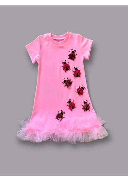 Uğur Böceği Nakışlı Fırfır Uçlu Kız Çocuk Jile Elbisesi Pembe