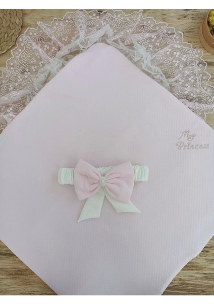 Bal Peteği My Princess Taç Nakış Inci Fiyonklu Dantel Duvaklı Delüks Kundak Bebek Battaniyesi Pembe