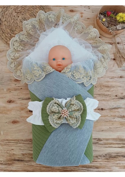 Yenidoğan Teri Cotton Taç Nakışlı Prizma Taş Kundak Bebek Battaniyesi Yeşil