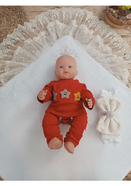 Yenidoğan Teri Cotton Taç Nakışlı Prizma Taş Kundak Bebek Battaniyesi Krem