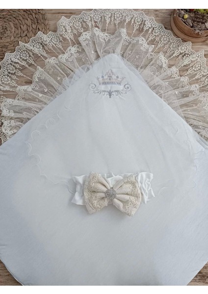 Yenidoğan Teri Cotton Taç Nakışlı Prizma Taş Kundak Bebek Battaniyesi Krem