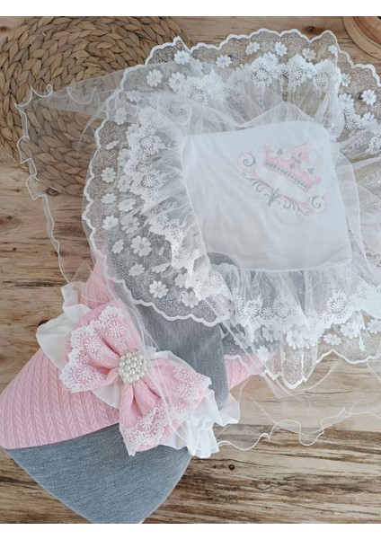 Yenidoğan Teri Cotton Taç Nakışlı Prizma Taş Kundak Bebek Battaniyesi Pembe