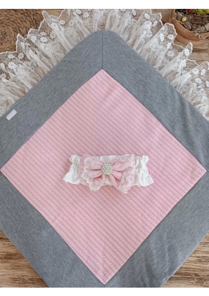 Yenidoğan Teri Cotton Taç Nakışlı Prizma Taş Kundak Bebek Battaniyesi Pembe