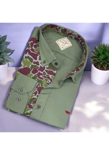 Pamuklu Haki Uzun Kollu Erkek Gömlek (Slim Fit Kalıp)