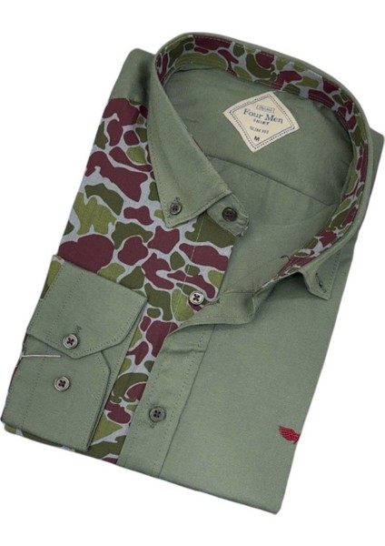 Pamuklu Haki Uzun Kollu Erkek Gömlek (Slim Fit Kalıp) fiyatları