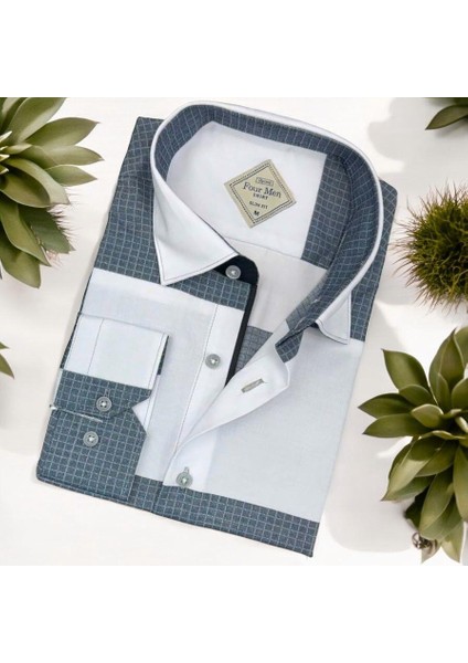 Pamuklu Gri Uzun Kollu Erkek Gömlek (Slim Fit Kalıp)