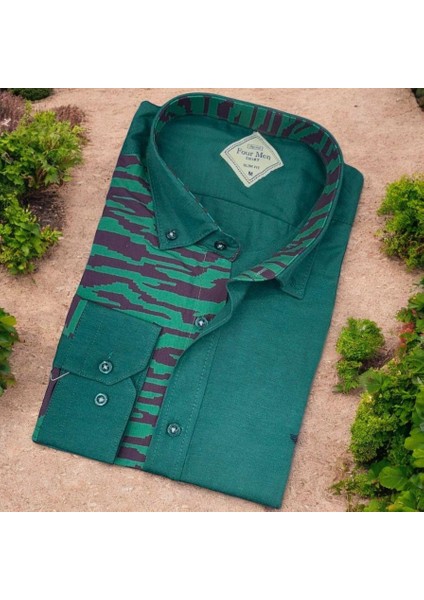 Pamuklu Yeşil Uzun Kollu Erkek Gömlek (Slim Fit Kalıp)