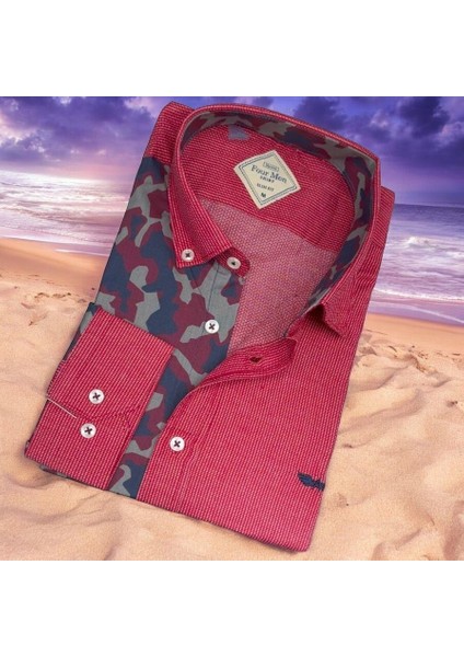 Pamuklu Kırmızı Uzun Kollu Erkek Gömlek (Slim Fit Kalıp)