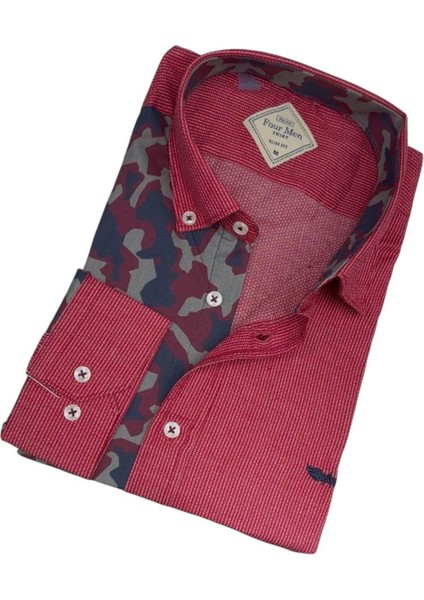 Pamuklu Kırmızı Uzun Kollu Erkek Gömlek (Slim Fit Kalıp) fiyatları