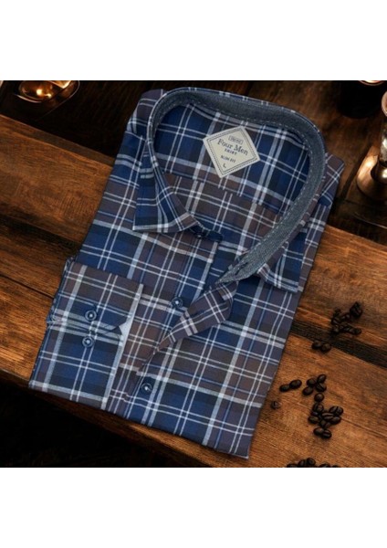 Pamuklu Lacivert Uzun Kollu Erkek Gömlek (Slim Fit Kalıp)