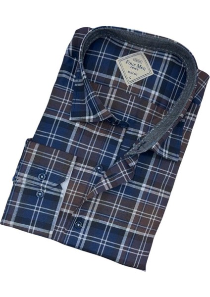 Pamuklu Lacivert Uzun Kollu Erkek Gömlek (Slim Fit Kalıp)