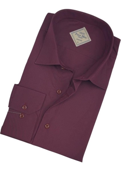 Pamuklu Bordo Uzun Kollu Erkek Gömlek (Slim Fit Kalıp)