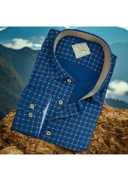 Pamuklu Lacivert Uzun Kollu Erkek Gömlek (Slim Fit Kalıp)