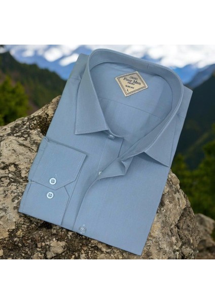 Pamuklu Mavi Uzun Kollu Erkek Gömlek (Slim Fit Kalıp)