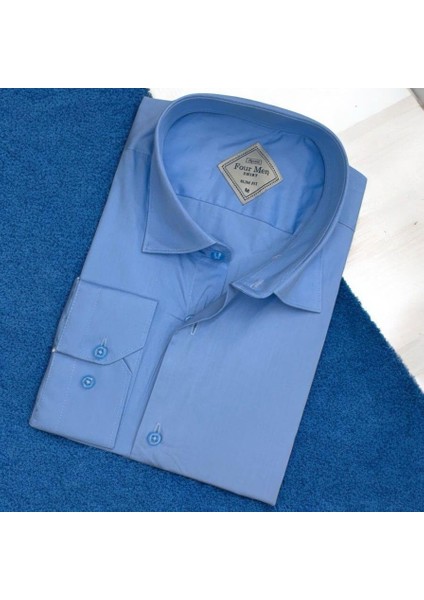 Pamuklu Mavi Uzun Kollu Erkek Gömlek (Slim Fit Kalıp)