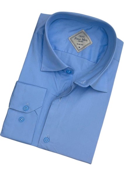 Pamuklu Mavi Uzun Kollu Erkek Gömlek (Slim Fit Kalıp)