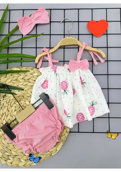 Bandajlı ve Kilotlu Ananas Desenli Askılı 3lü Kız Bebek Elbisesi