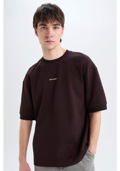 Loose Fit Bisiklet Yaka Baskılı Kısa Kollu Ağır Kumaş Tişört C0896AX25SM