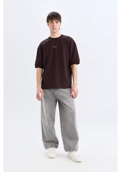 Loose Fit Bisiklet Yaka Baskılı Kısa Kollu Ağır Kumaş Tişört C0896AX25SM fiyatları