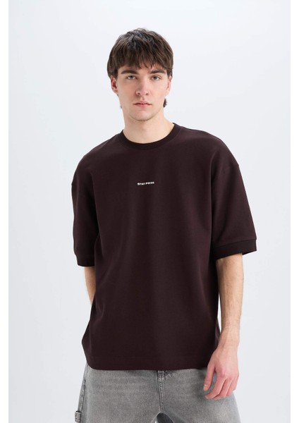 Loose Fit Bisiklet Yaka Baskılı Kısa Kollu Ağır Kumaş Tişört C0896AX25SM modelleri
