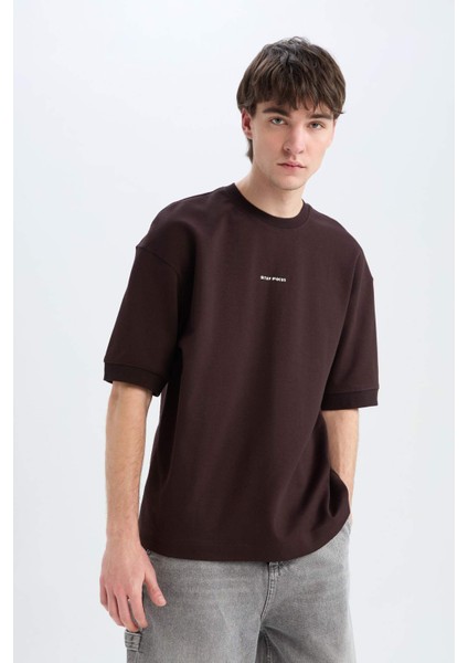 Loose Fit Bisiklet Yaka Baskılı Kısa Kollu Ağır Kumaş Tişört C0896AX25SM fırsatları