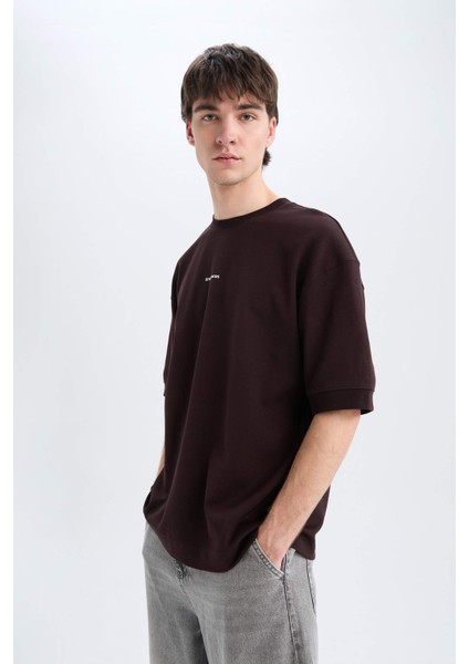 Loose Fit Bisiklet Yaka Baskılı Kısa Kollu Ağır Kumaş Tişört C0896AX25SM indirimleri