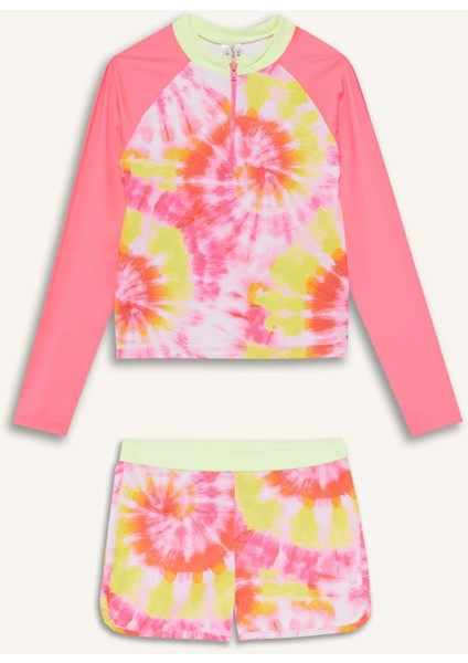Kız Çocuk 2'li Takım Batik Desenli Uzun Kollu Üst Deniz Şortu C4191A825HS