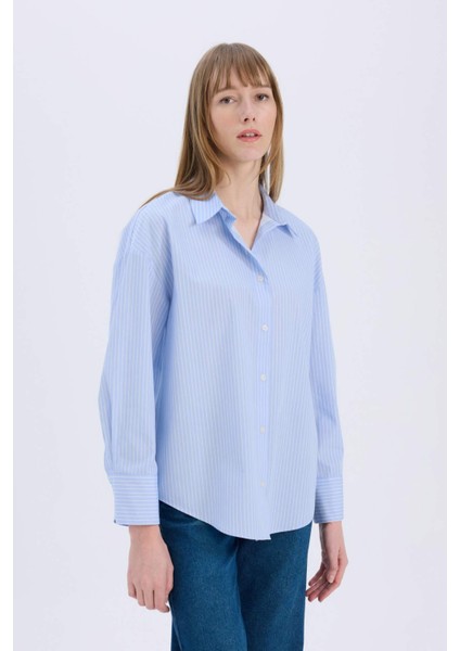 Oversize Geniş Kalıp Çizgili Poplin Uzun Kollu Gömlek W7702AZ25SP fırsatları