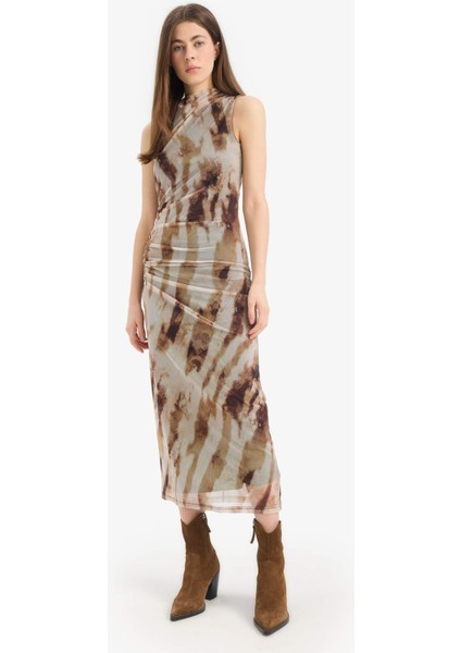 Bodycon Vücudu Saran Batik Tül Kolsuz Maxi Elbise E8340AX25SP