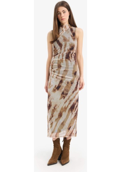 Bodycon Vücudu Saran Batik Tül Kolsuz Maxi Elbise E8340AX25SP