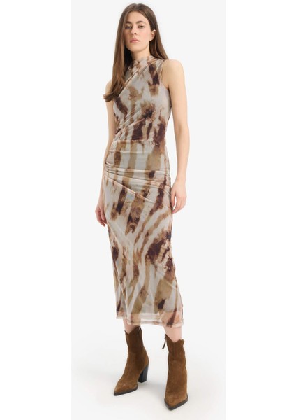 Bodycon Vücudu Saran Batik Tül Kolsuz Maxi Elbise E8340AX25SP