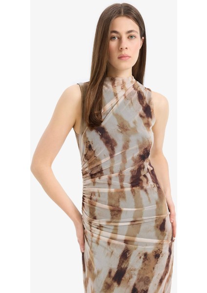 Bodycon Vücudu Saran Batik Tül Kolsuz Maxi Elbise E8340AX25SP