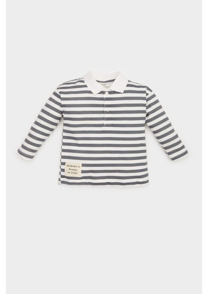 Erkek Bebek Polo Yaka Etiket Baskılı Çizgili Uzun Kollu Tişört E4906A525SP