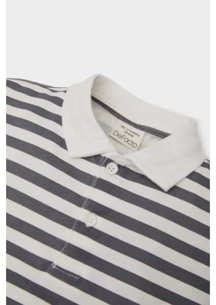 Erkek Bebek Polo Yaka Etiket Baskılı Çizgili Uzun Kollu Tişört E4906A525SP