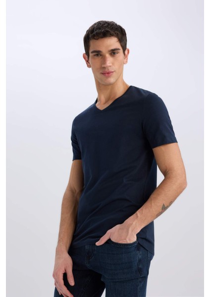 %100 Pamuk Slim Fit Dar Kesim V Yaka Basic Düz Kısa Kollu Tişört M7668AZ25SP