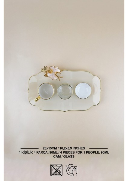 Dolmabahçe Lotus Krem Tek Kişilik 4 Parça Altın Yaldızlı Cam keyiflik Kahve Takımı