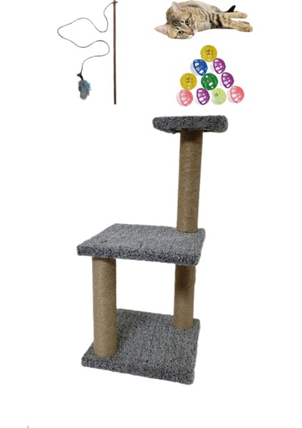66 Cm İki Katlı Small Ekonomik Yavru Kedi Tırmalama Tahtası, Kedi Oltası Ve Zilli Top