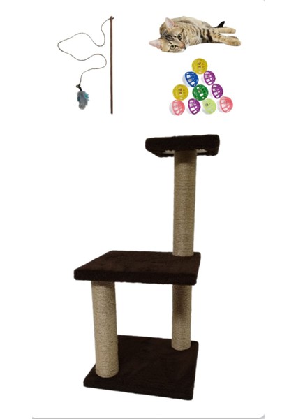66 cm İki Katlı Small Ekonomik Yavru Kedi Tırmalama Tahtası, Kedi Oltası ve Zilli Top