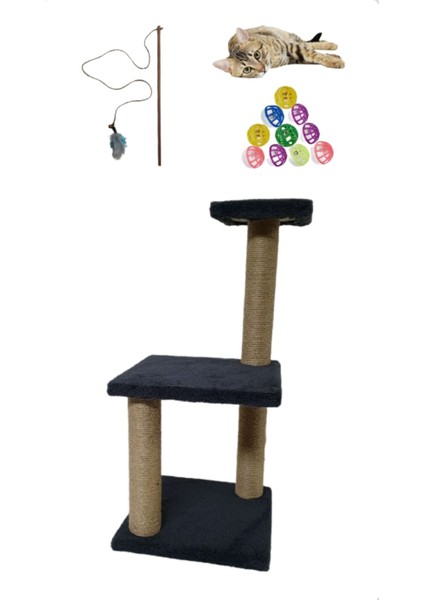 66 Cm İki Katlı Small Ekonomik Yavru Kedi Tahtası, Kedi Oltası Ve Zilli Top