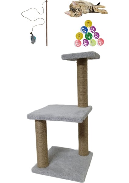 66 cm İki Katlı Small Ekonomik Yavru Kedi Tırmalama Tahtası, Kedi Oltası ve Zilli Top
