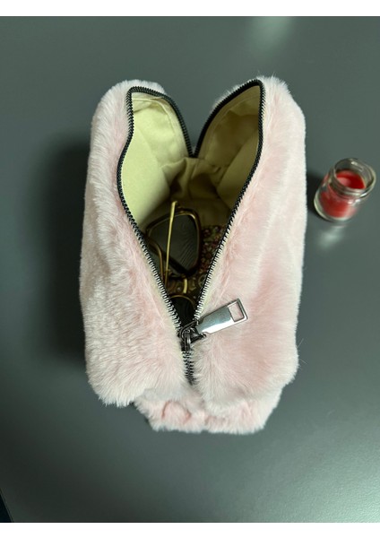 Yumuşak Pembe Peluş Makyaj Çantası, Seyahat ve Kozmetik Çantası