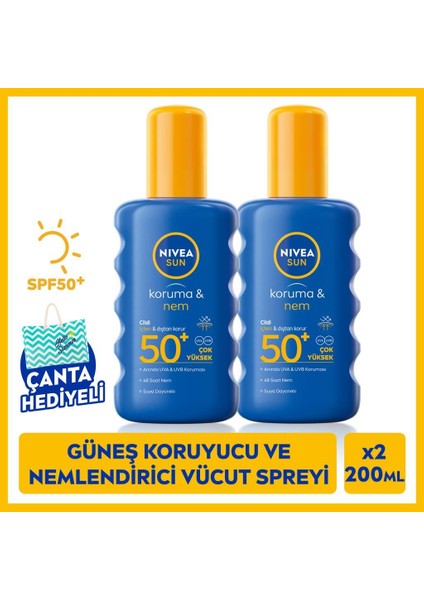 Sun Güneş Koruyucu ve Nemlendirici Vücut Spreyi 200ML, SPF50 Uva Uvb Koruması, X2ADET, Çanta Hediye