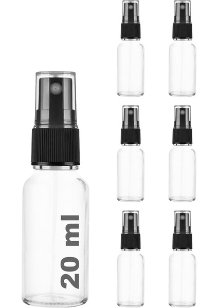 20 ml Siyah Spreyli Şeffaf Cam Şişe 20 cc Sızdırmaz Kapaklı Fısfıs Beyaz Cam Şişe 6 Adet