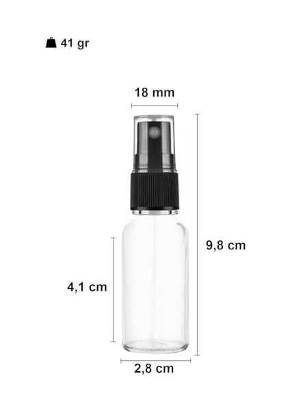 20 ml Siyah Spreyli Şeffaf Cam Şişe 20 cc Sızdırmaz Kapaklı Fısfıs Beyaz Cam Şişe 6 Adet