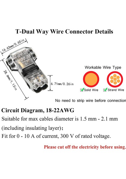15 Adet 3 Yollu 2 Pinli Tel Konnektörleri Alçak Gerilim Evrensel Kompakt T-Tap Tel Konnektörleri 18-22 Awg Kablo Için Sıyırma Yok (Yurt Dışından)