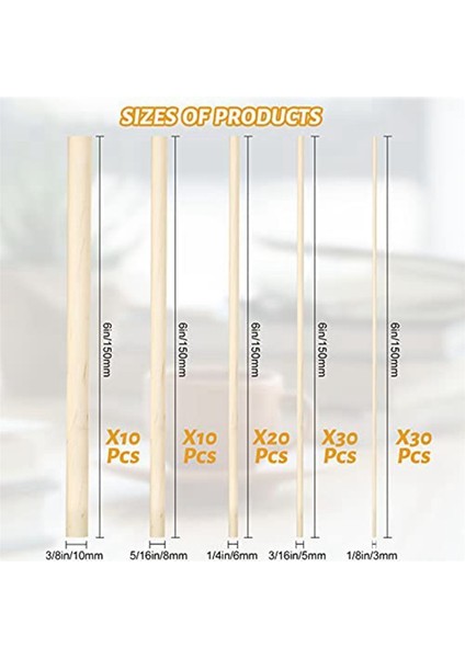300 Parça Dübel Çubukları Ahşap Dübel Çubuk Zanaat Ahşap 1/8,3/16,1/4,5/16,3/8x6 Inç Çubuklar Crafting Dıy Düğün Şerit Değnek (Yurt Dışından)