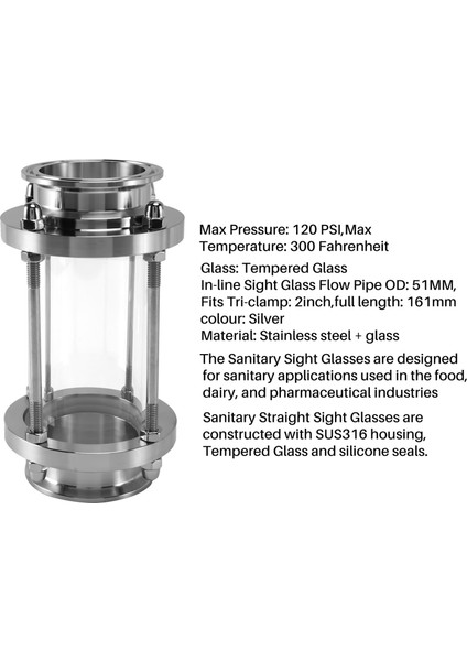 Kelepçe Uçlu Hat Içi Gözetleme Camı, Akış Sıhhi Düz Gözetleme Camı SUS316 2 Inç Üçlü Kelepçe Tipi (Akış Borusu Od 51MM) (Yurt Dışından) modelleri